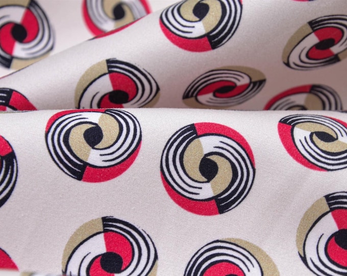 Evening wear cotton satin with circles in red, beige, black - 145 cm wide - patterned fabric