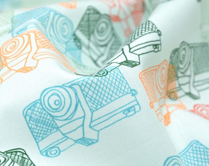 Cotton fabric with cameras, light blue, orange, green, red - 110 cm wide - smooth, patterned fabric