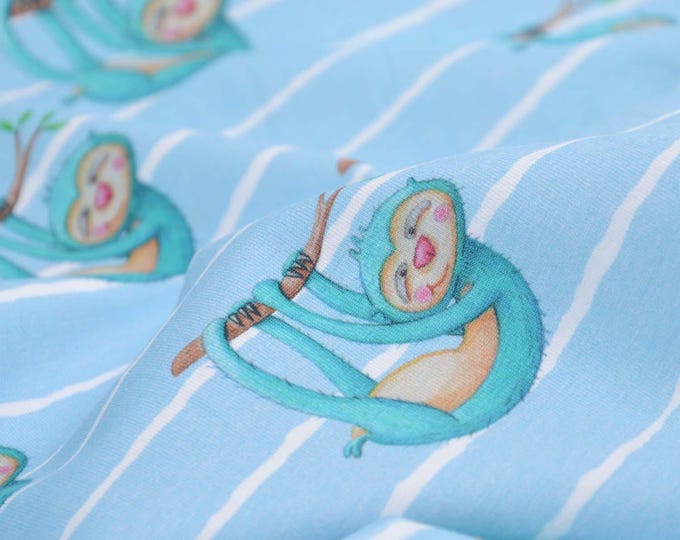 Children's jersey fabric, light blue with monkeys and white stripes, made of cotton - 155 cm wide - patterned fabric, animals