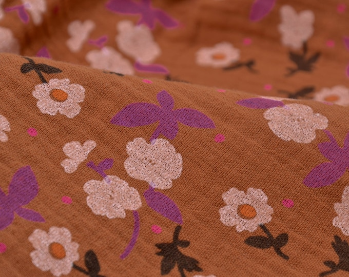 Musselin aus Baumwolle mit Blumen orange von Hilco - 135cm breit - Stoff gemustert gemustert