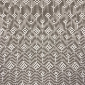 May include: A white fabric with a repeating pattern of brown stylised leaves. The leaves are arranged in a geometric pattern, creating a subtle and elegant design.