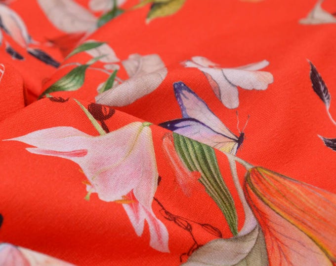 Viscose jersey fabric made in Italy, floral, red, green, orange, patterned - 150 cm wide - smooth, patterned fabric