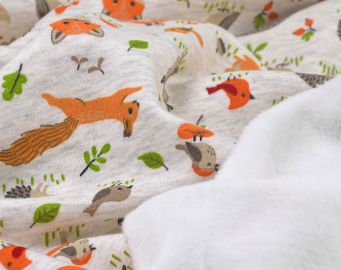 Sweatstoff Alpenfleece, Fuchs, Igel, Tiere, creme, orange - 147cm breit - Stoff flauschig, Tiere