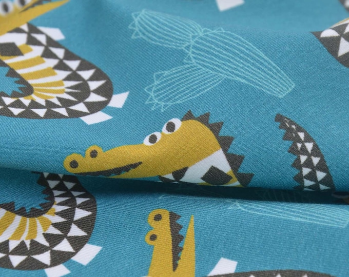 Children's jersey fabric in petrol blue with crocodiles and cacti, yellow, brown - 150 cm wide - smooth fabric, animals