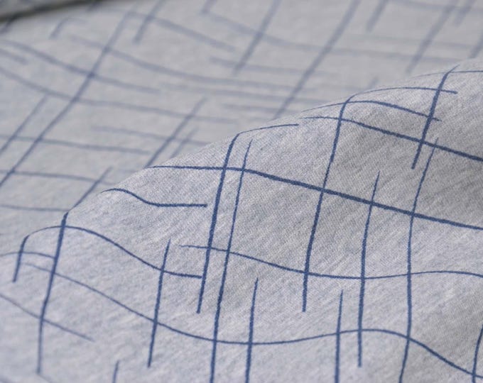 Kinderjersey in grau mit blauen Strichen aus Baumwolle - 155cm breit - Stoff zweifarbig, Streifen