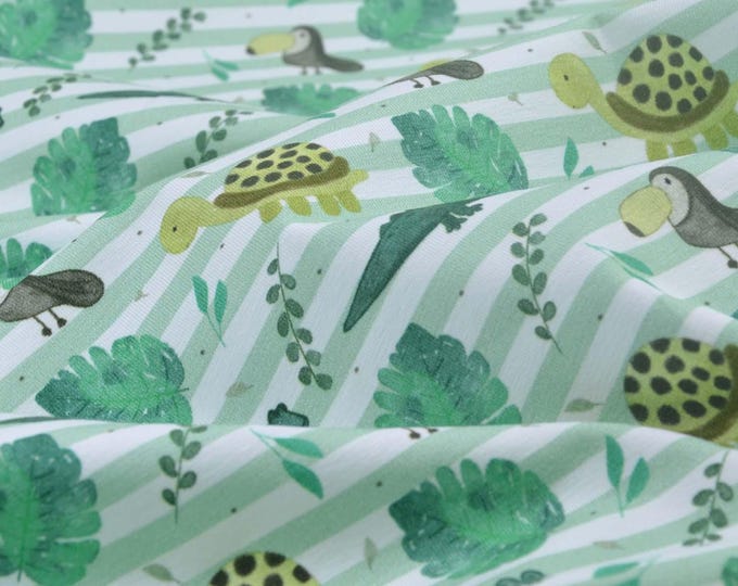 Children's jersey fabric, green with animals and stripes, made of cotton - 145 cm wide - smooth fabric, animals