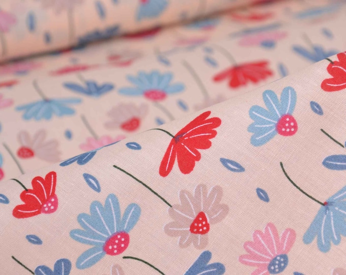 Cotton blouse fabric in pink with flowers, red, blue - 145 cm wide - smooth, patterned fabric