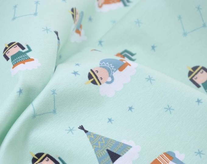 Children's jersey fabric, light blue with stars, tipis and Native Americans, made of cotton - 145 cm wide - smooth, patterned fabric