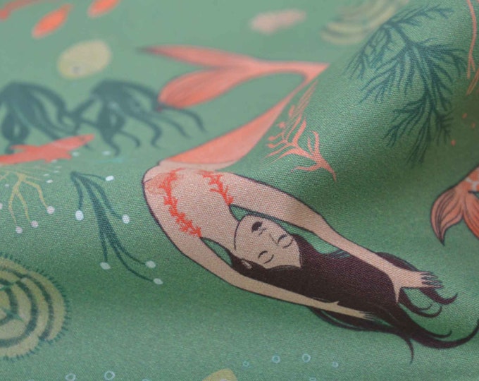 Blusenstoff Popeline Maritim mit Meerjungfrauen und Fischen von Katia Fabrics - 145cm breit - Stoff glatt, gemustert