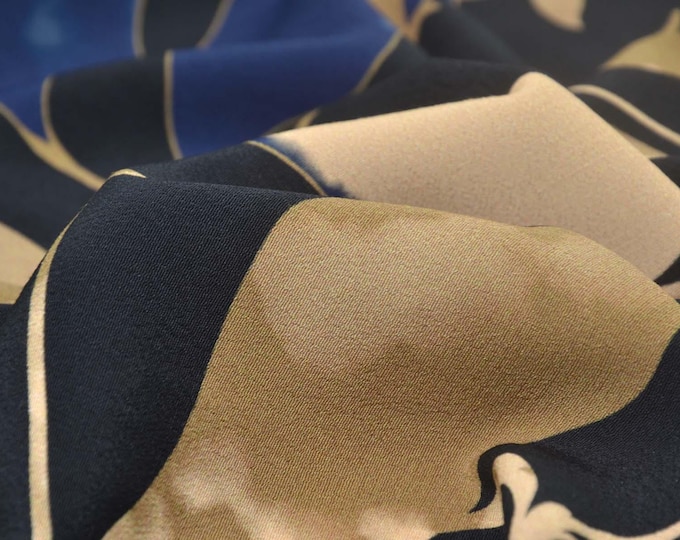 Viscose crepe blouse fabric with flowers in black, blue, and beige - 130 cm wide - matte, patterned fabric