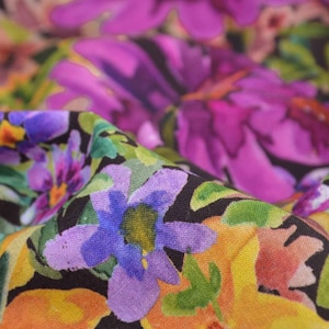 Blouse fabric made of viscose with flowers in purple, yellow, dresses, skirts - 135 cm wide - fabric smooth, patterned