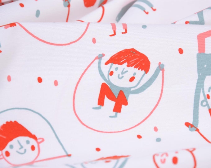 Children's jersey in white with children jumping rope, red, green, made of cotton - 145 cm wide - matt fabric, patterned