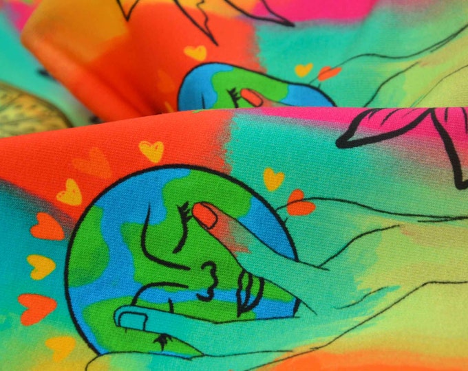 Sweatstoff bunt mit Palme, Vogel, Sonne für Pullover - 150cm breit - Stoff glatt, gemustert