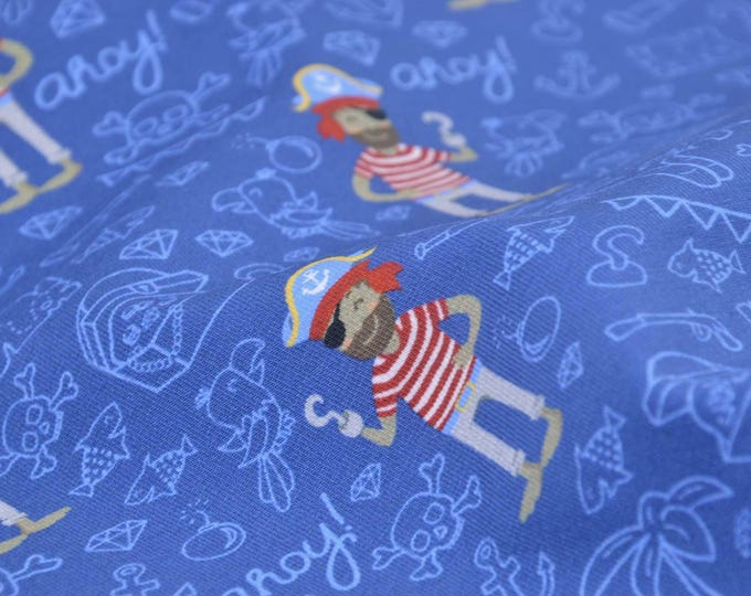 Children's jersey in blue with pirates, red, white made of cotton - 150 cm wide - matt fabric, patterned