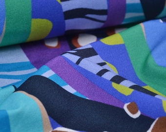 Viscose jersey fabric made in Italy with stripes and dots in blue and purple - 150 cm wide - smooth, patterned fabric