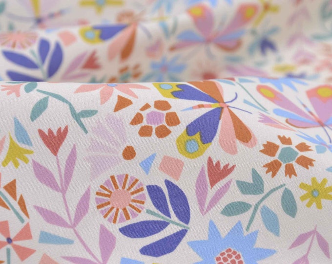 Blusenstoff Popeline mit Blumen, Schmetterlingen von Katia Fabrics - 145cm breit - Stoff glatt, gemustert