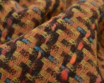 Tissu pour manteau en laine tweed orange et marron - 145 cm de large - tissu à carreaux