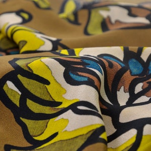 Evening wear pure silk patterned with flowers in brown, yellow - 140 cm wide - fabric smooth patterned