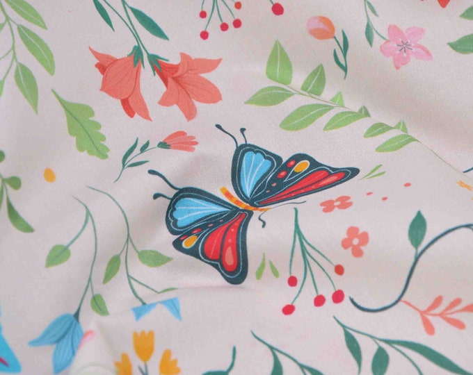 Baumwollstoff, Blumen, Schmetterlinge, Popeline, Patchwork