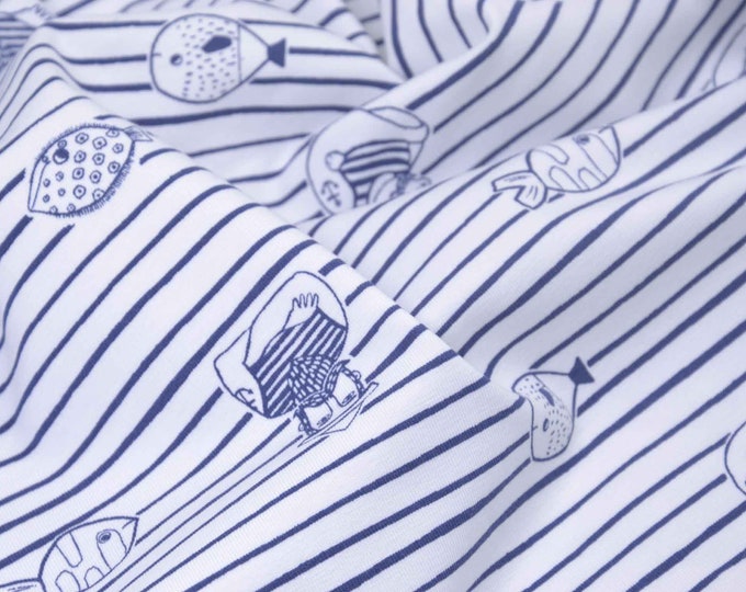Children's jersey with stripes, maritime blue, white by Katia Fabrics - 145 cm wide - smooth, patterned fabric