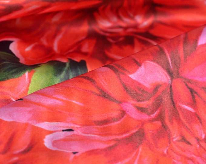 Silk with stretch, shiny, thin red flowers, leaves - 135 cm wide - fabric shiny, patterned