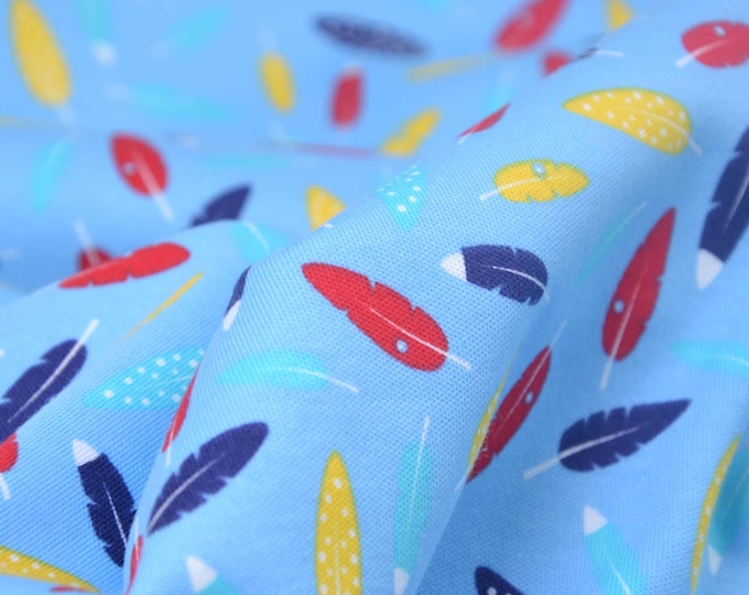 Children's jersey interlock in light blue with feathers, red, yellow, made of cotton - 135 cm wide - matte, patterned fabric