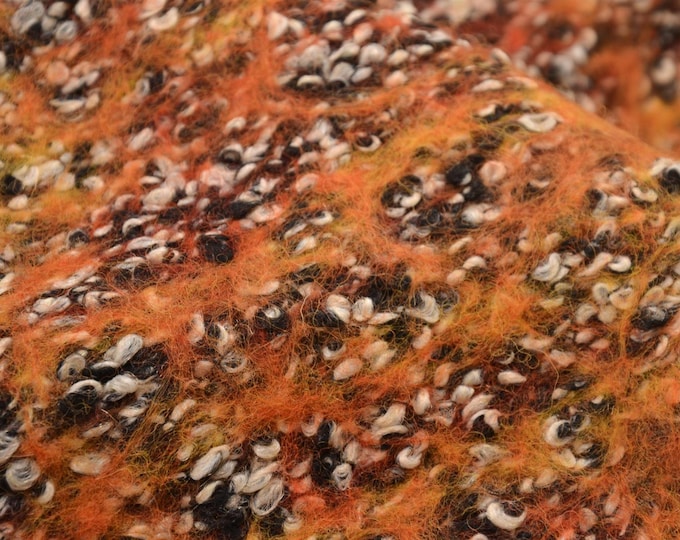 Coat fabric Checked Boucle in orange, black and white with wool - 150 cm wide - Fabric nubby checks