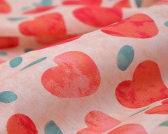 Blousestof van katoen in roze met rode hartjes, groene cirkels - 145 cm breed - gladde stof met patroon