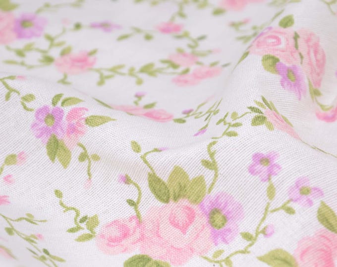 Cotton fabric with roses, floral, white, pink, green, patchwork fabric - 285 cm wide - smooth, patterned fabric