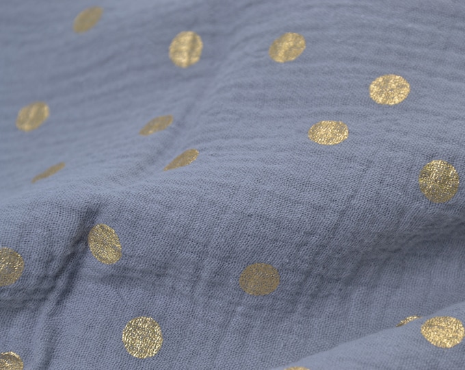 Musselin grau mit gold, Punkte, Baumwolle - 130cm breit - Stoff gecrasht, Punkte