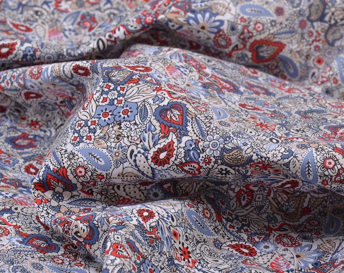 Cotton blouse fabric with stretch, floral, paisley, blue, red - 150 cm wide - smooth, patterned fabric