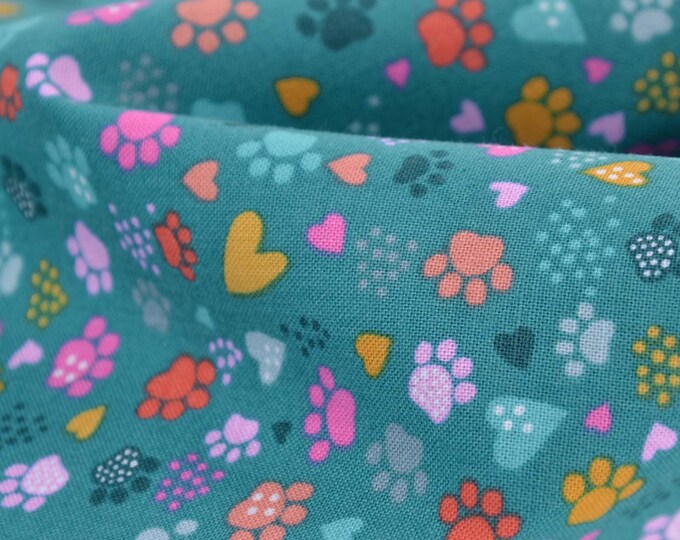 Baumwollstoff für Kinder, Makower, bunte Pfoten, Herzen - 110cm breit - Stoff gemustert, Tiere