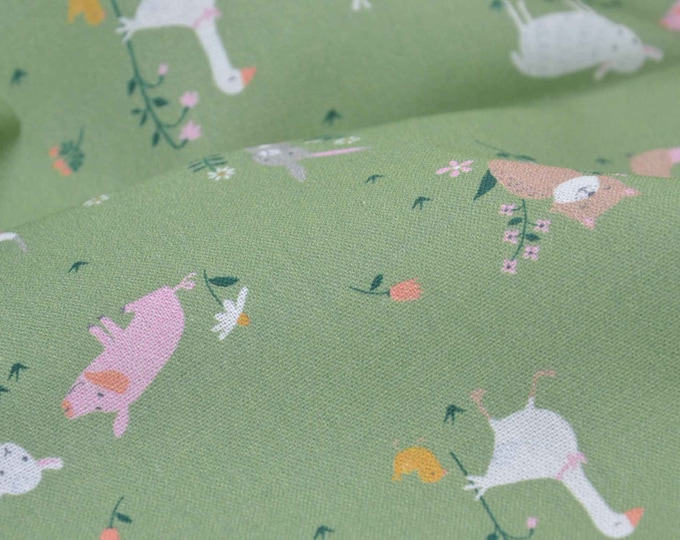 Baumwollstoff Capri grün mit Tieren, Schaf, Schwein von Westfalenstoffen - 150cm breit - Stoff glatt, Tiere