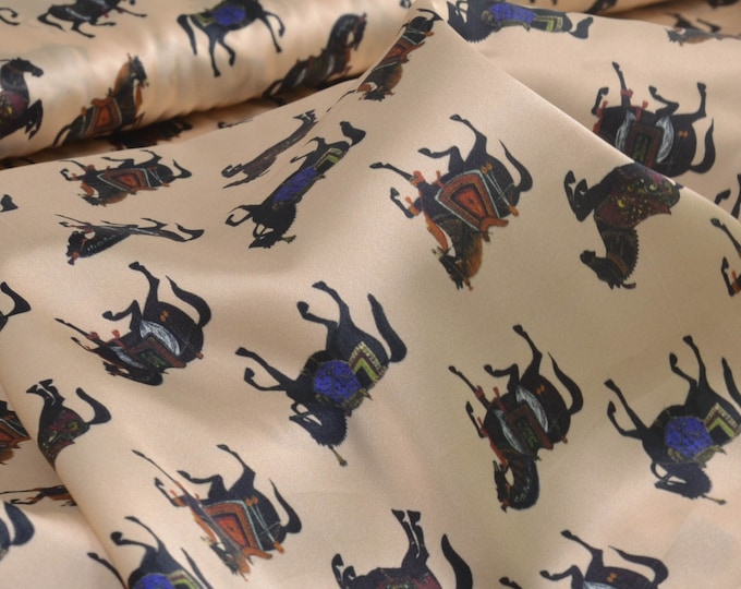 Blouse fabric stretch satin with horses, shiny - 150 cm wide - patterned fabric