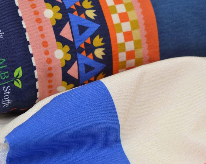Organic sweatshirt fabric Al Lago Coperto by Albstoffe, large checks, blue, yellow, orange - 170 cm wide - matte fabric, checks