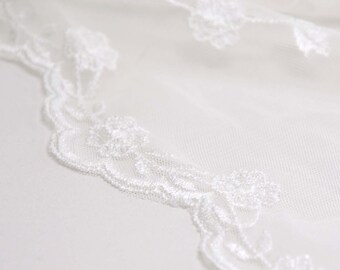 May include: Close-up of white lace fabric with floral embroidery. The delicate lace features a repeating pattern of flowers and leaves, creating a textured and elegant design. The fabric is likely used for bridal wear or other special occasion garments.