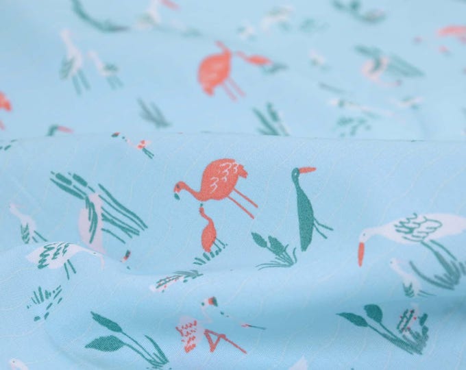 Cotton fabric with flamingos, storks, light blue, orange, green, patchwork fabric - 145 cm wide - patterned fabric, animals