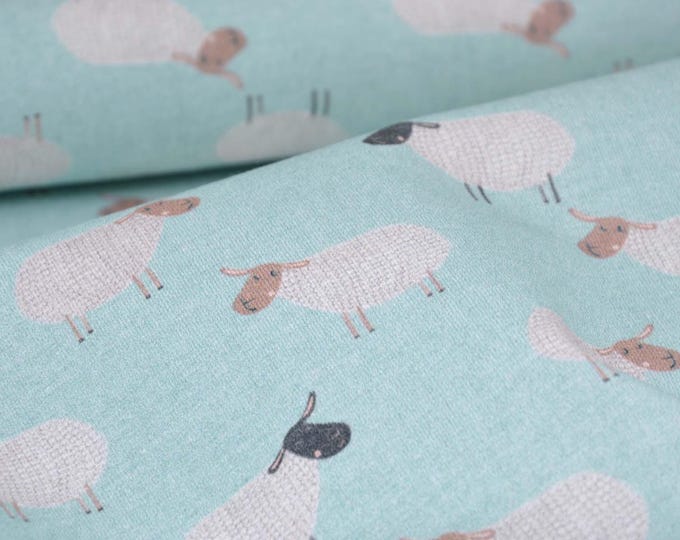 Children's jersey with light grey sheep, blue, brown, black by Hilco - 150 cm wide - smooth fabric, animals