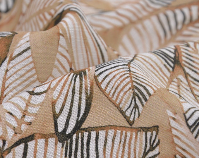 Leinen Viskose mit Blättern in beige, braun, Kleid, Bluse von Hilco  - 135cm breit - Stoff Leinenoptik, gemustert