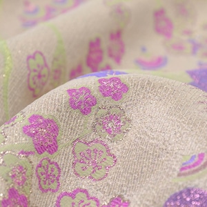 Designer fabric from Italy in gold-beige with glitter purple and flowers - 145 cm wide - fabric smooth patterned