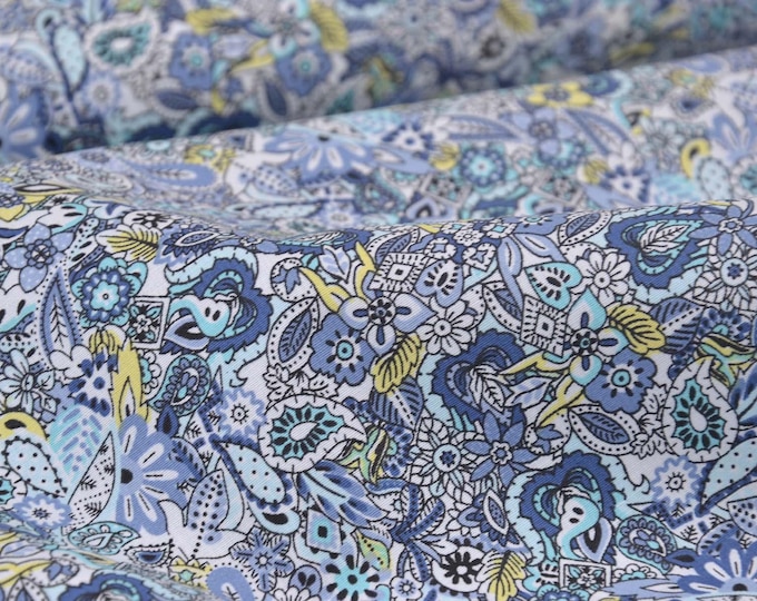 Cotton blouse fabric with stretch, floral, paisley, blue, yellow - 150 cm wide - smooth, patterned fabric