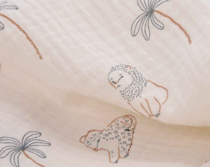 Musselin aus Baumwolle mit Tieren, Palmen in sand OEKO-TEX - 130cm breit - Stoff matt, Tiere