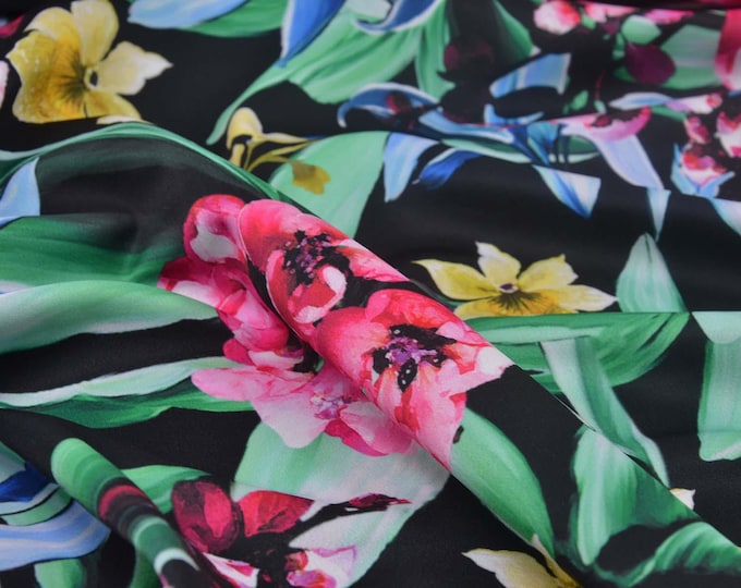 Jersey scuba fabric in black with large flowers in pink, yellow, blue, green - 150 cm wide - smooth, patterned fabric