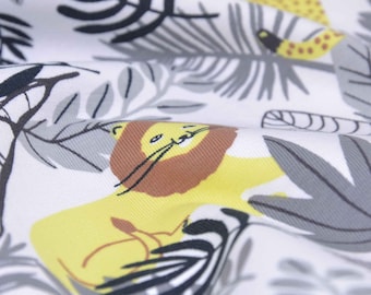 Children's jersey with lion, leopard, leaves grey, yellow by Katia Fabrics - 145 cm wide - smooth fabric, animals