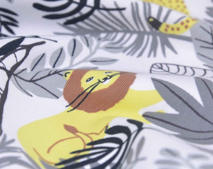 Children's jersey with lion, leopard, leaves grey, yellow by Katia Fabrics - 145 cm wide - smooth fabric, animals