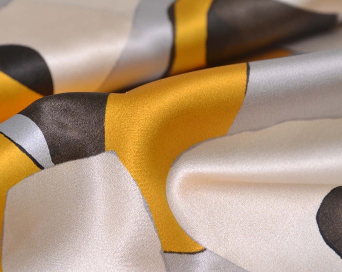 Silk with stretch, shiny, thin, geometric, yellow, grey - 135 cm wide - fabric shiny, geometric patterns