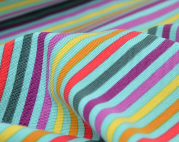 Children's cotton jersey with stripes in turquoise, purple, yellow - 145 cm wide - matt fabric, stripes