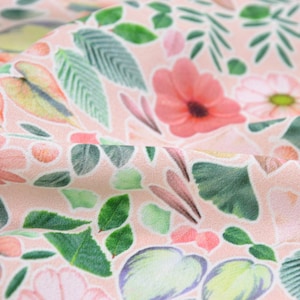 Pink viscose blouse fabric with flowers and leaves - 140 cm wide - patterned fabric