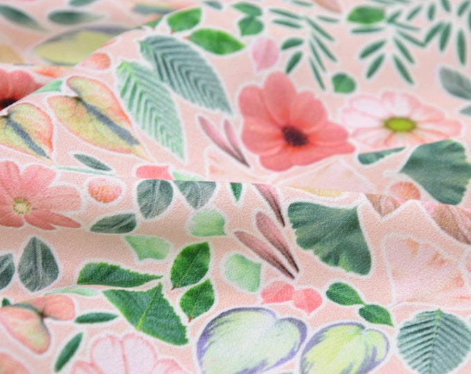Pink viscose blouse fabric with flowers and leaves - 140 cm wide - patterned fabric