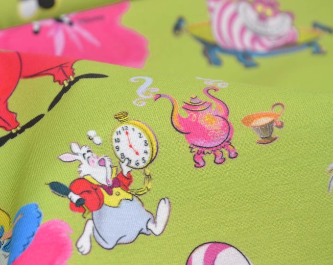 Children's jersey Alice in Wonderland, green, pink, blue, made of cotton - 155 cm wide - matte, patterned fabric